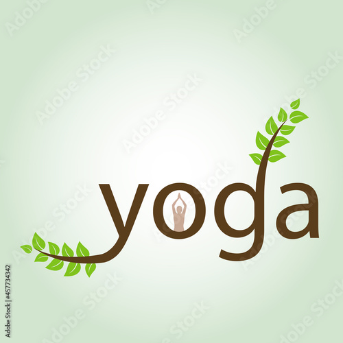 Yoga asana and green leaves typography