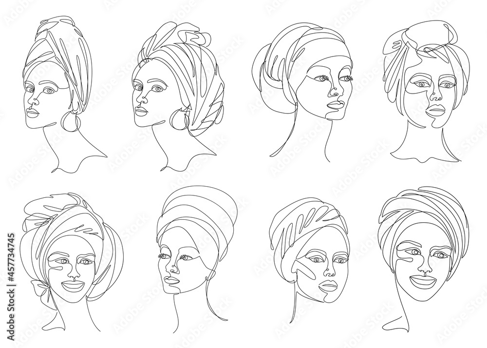 Collection. Silhouettes of the girl's head. Lady in a turban, scarf. Woman face in modern one line style. Solid line, contour for decor, posters, stickers, logo. Vector illustration set. Collection. Silhouettes of the girl's head. Lady in a turban, scarf. Woman face in modern one line style. Solid line, contour for decor, posters, stickers, logo. Vector illustration set.