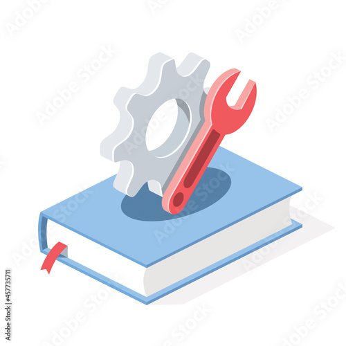Book setting instruction wrench gear. Vector 3d symbol, isometric, color web icons, new flat style. Creative design idea, concept for infographics.