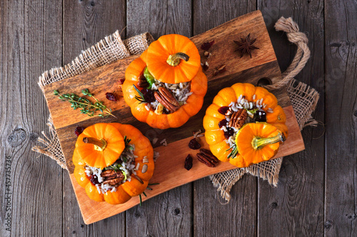 Stuffed mini pumpkins with rice, cranberries, cabbage and nuts. Autumn food concept. Overhead view on platter on a rustic wood background.