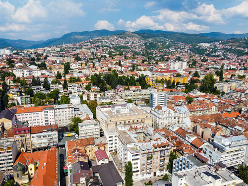 Fototapeta Naklejka Na Ścianę i Meble -  Aerial drone view of city of Sarajevo. Capital of Bosnia and Herzegovina.	
