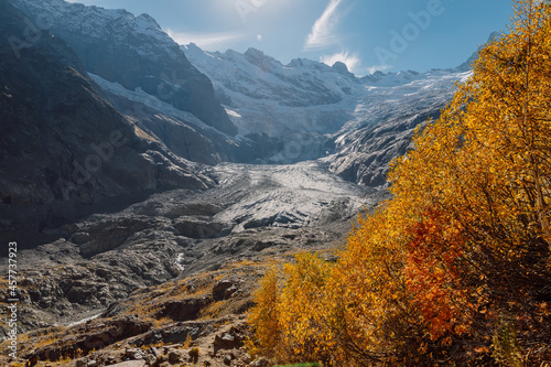 Highest mountains and glacier. Peak of mountain and ice glacier