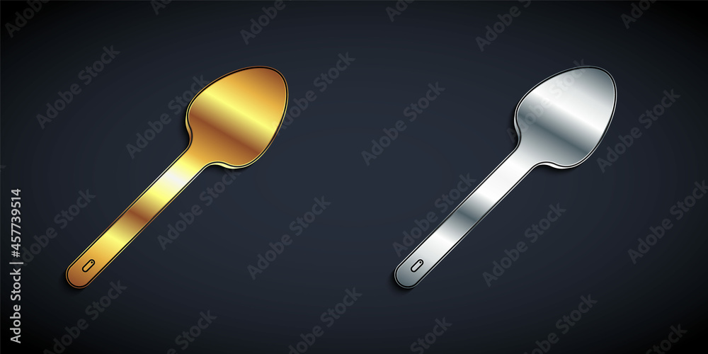 Gold and silver Teaspoon icon isolated on black background. Cooking utensil. Cutlery sign. Long shadow style. Vector Gold and silver Teaspoon icon isolated on black background. Cooking utensil. Cutlery sign. Long shadow style. Vector