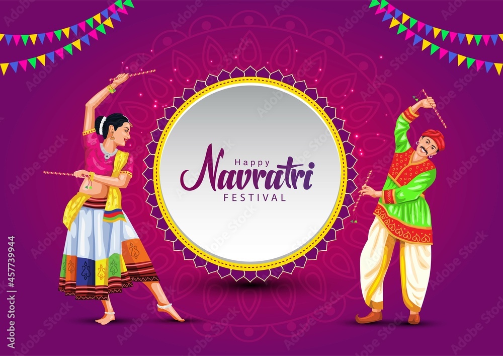 Garba Night poster for Navratri Dussehra festival of India. vector illustration of girls playing Dandiya dance.