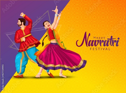 Garba Night poster for Navratri Dussehra festival of India. vector illustration of girls playing Dandiya dance.