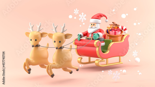 Santa Claus riding a reindeer sleigh surrounded by snow on a pink background.Design for christmas illustration...