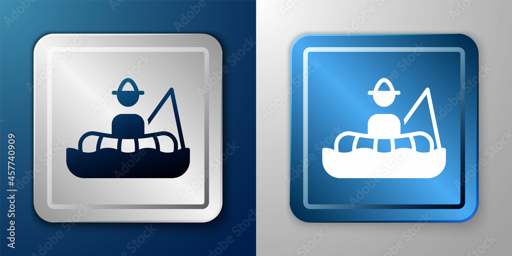 White Fisherman sitting in a boat and fishing with a rod icon isolated on blue and grey background. Silver and blue square button. Vector White Fisherman sitting in a boat and fishing with a rod icon isolated on blue and grey background. Silver and blue square button. Vector