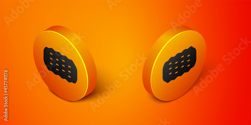 Isometric Sponge icon isolated on orange background. Wisp of bast for washing dishes. Cleaning service logo. Orange circle button. Vector