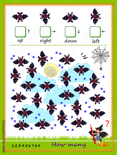Mathematical education for kids. Count the quantity of bats moving in each direction and write the numbers. Developing children counting skills. Logic puzzle game for school textbook. Play online.