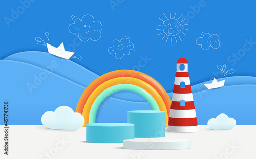 3d render podium with sea concept for kids or baby product.