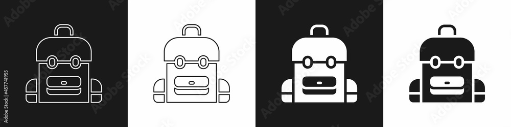 Set School backpack icon isolated on black and white background. Vector
