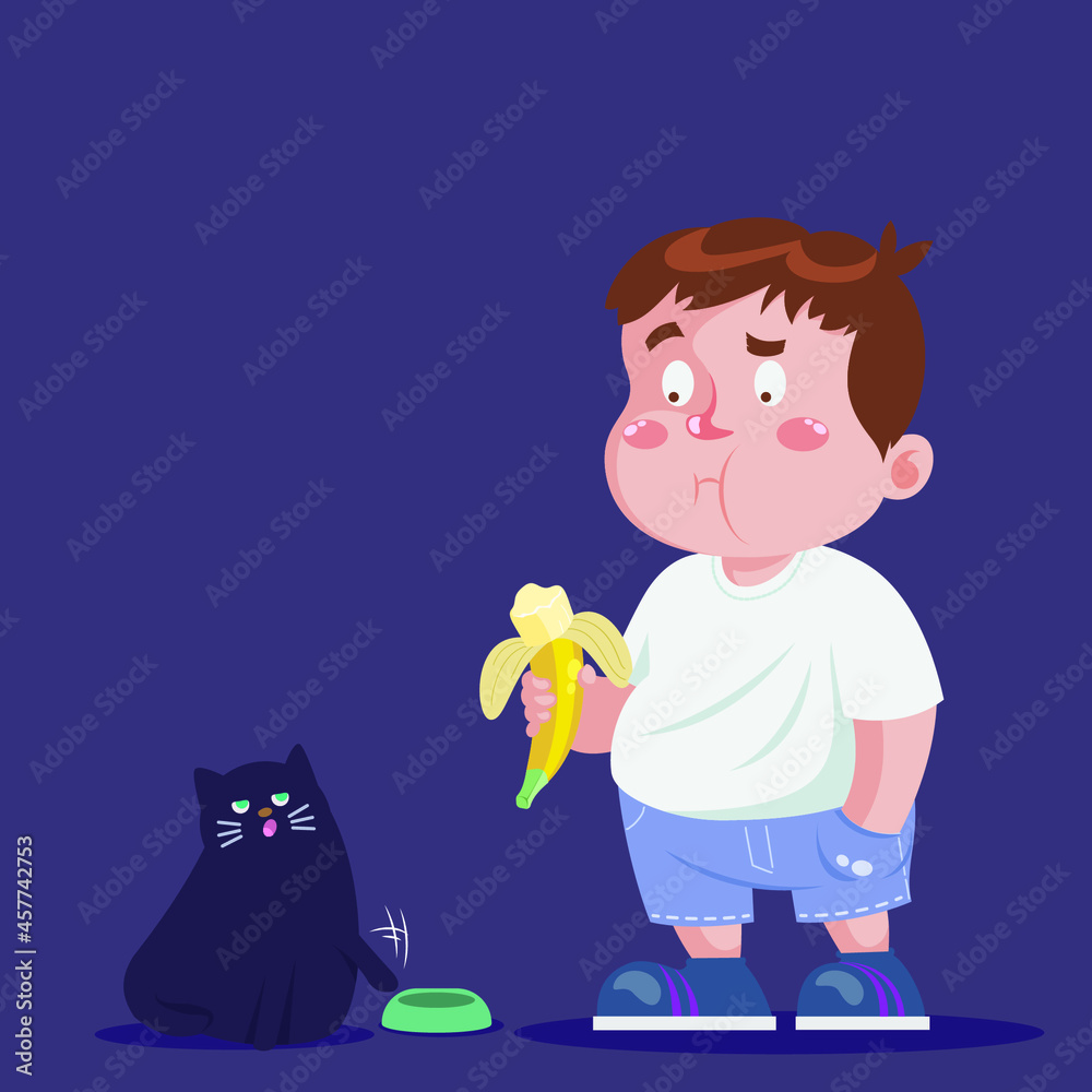 cute fat boy eating banana with the cat ask for food