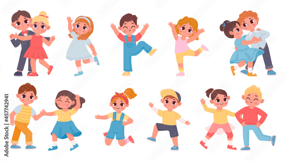 Cute cartoon children boys and girls dancing in couples. Kindergarten kids dance waltz, jump and have fun. Happy child characters vector set