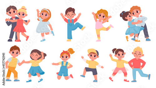 Cute cartoon children boys and girls dancing in couples. Kindergarten kids dance waltz, jump and have fun. Happy child characters vector set