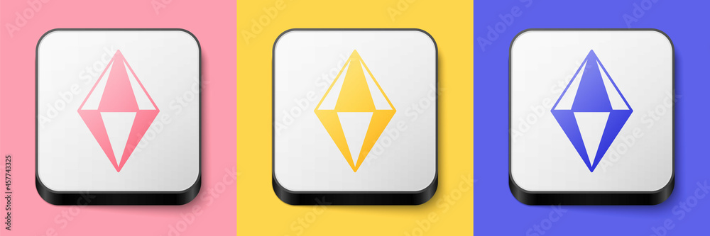 Isometric Gem stone icon isolated on pink, yellow and blue background. Jewelry symbol. Diamond. Square button. Vector Isometric Gem stone icon isolated on pink, yellow and blue background. Jewelry symbol. Diamond. Square button. Vector