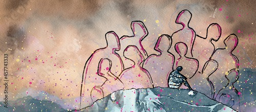 Loneliness in the crowd. Watercolor concept banner photo