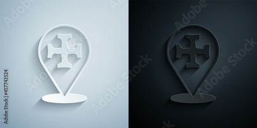 Paper cut Crusade icon isolated on grey and black background. Paper art style. Vector