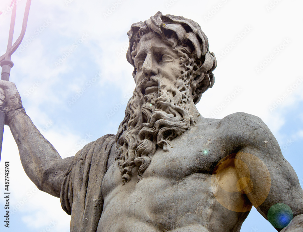 Statue of the Roman god of water of Neptune. In Greek mythology, Poseidon Statue of the Roman god of water of Neptune. In Greek mythology, Poseidon