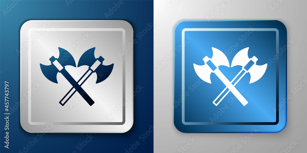 White Crossed medieval axes icon isolated on blue and grey background. Battle axe, executioner axe. Medieval weapon. Silver and blue square button. Vector White Crossed medieval axes icon isolated on blue and grey background. Battle axe, executioner axe. Medieval weapon. Silver and blue square button. Vector
