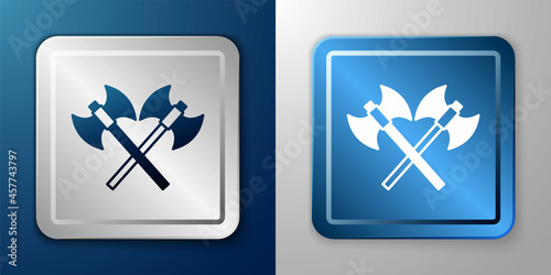 White Crossed medieval axes icon isolated on blue and grey background. Battle axe, executioner axe. Medieval weapon. Silver and blue square button. Vector