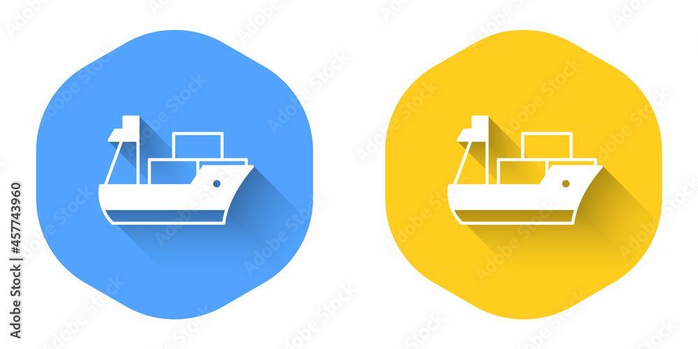 White Cargo ship icon isolated with long shadow background. Circle button. Vector White Cargo ship icon isolated with long shadow background. Circle button. Vector