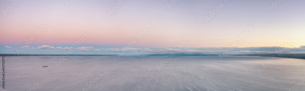 Horizon over water on the large Volga river aerial panoramic view Horizon over water on the large Volga river aerial panoramic view