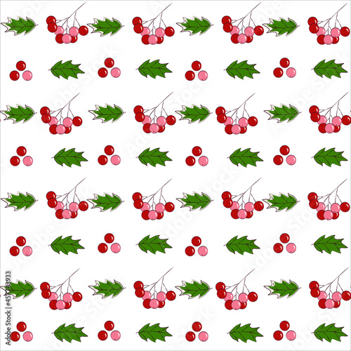 holly leaves and red berries christmas seamless vector pattern on white background