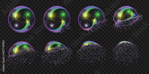 Realistic soap bubble burst explosion animation sequence. 3d water foam sphere with reflection texture. Bubble explode motion vector frames