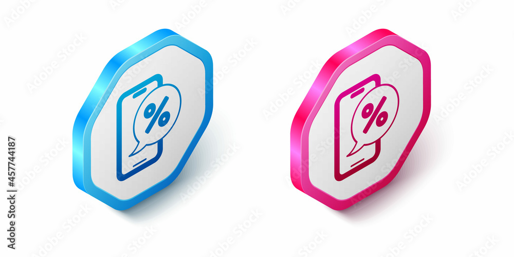 Isometric Percent discount on mobile phone icon isolated on white background. Sale percentage - price label, tag. Hexagon button. Vector Isometric Percent discount on mobile phone icon isolated on white background. Sale percentage - price label, tag. Hexagon button. Vector