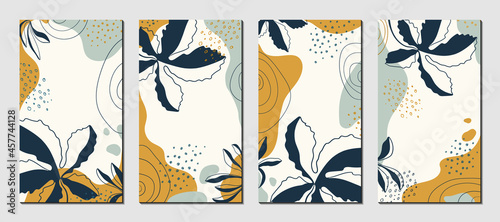 Botanical art. Abstract organic vector shapes, leaves, branch, plants. Set of natural template in doodle style for social media post, cover, poster, stories, background. Modern graphics for holiday. 
