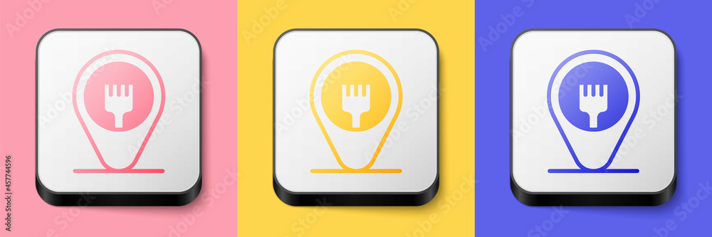 Isometric Cafe and restaurant location icon isolated on pink, yellow and blue background. Fork eatery sign inside pinpoint. Square button. Vector. Isometric Cafe and restaurant location icon isolated on pink, yellow and blue background. Fork eatery sign inside pinpoint. Square button. Vector.