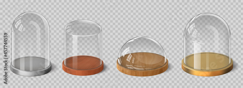Fényképezés Realistic 3d glass domes with wooden, silver and gold tray