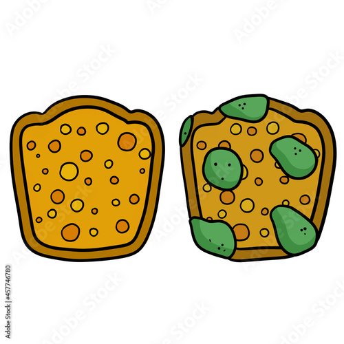 Bread with mold. Incorrect storage of the product. Fungus and rot. Sliced loaf for a sandwich. Cartoon illustration