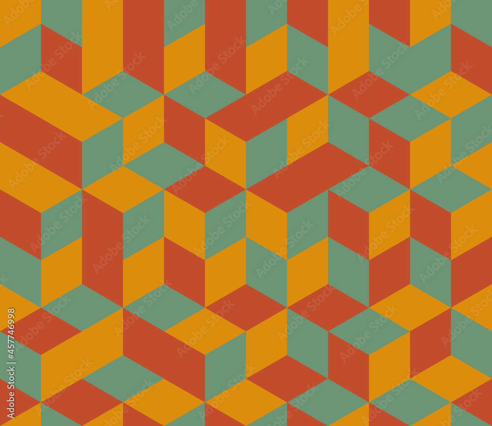 Abstract background seamless geometric pattern. Cube shape, diamond shape. Red orange green color. Surface design for apparel, textile, tile, cover, poster, flyer, banner, wall. Vector illustration. Abstract background seamless geometric pattern. Cube shape, diamond shape. Red orange green color. Surface design for apparel, textile, tile, cover, poster, flyer, banner, wall. Vector illustration.