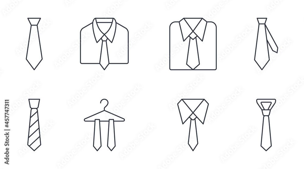 Vector tie icons set. Editable stroke. Business style, dress code thin line icon. Elegant suit for work party mens accessory. Sewing and repair of clothes Vector tie icons set. Editable stroke. Business style, dress code thin line icon. Elegant suit for work party mens accessory. Sewing and repair of clothes