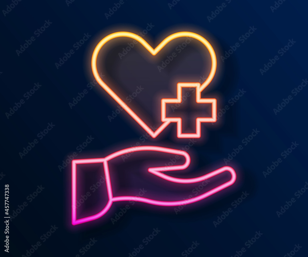 Glowing neon line Heart with a cross icon isolated on black background. First aid. Healthcare, medical and pharmacy sign. Vector Glowing neon line Heart with a cross icon isolated on black background. First aid. Healthcare, medical and pharmacy sign. Vector