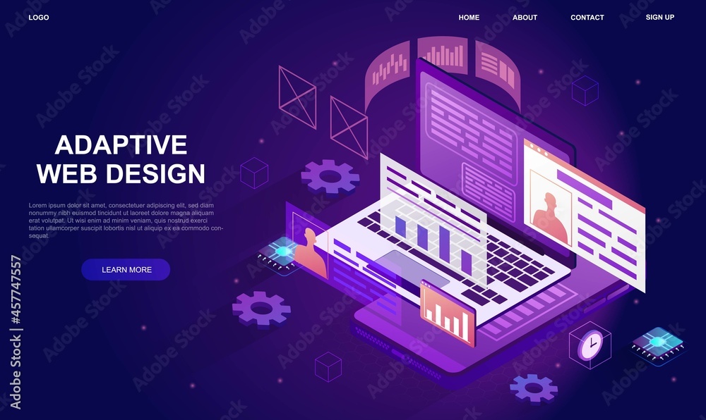 Adaptive interface design. Platform for app creators. Place for development of technological projects. User software, API prototyping. Cartoon flat vector illustration isolated on violet background Adaptive interface design. Platform for app creators. Place for development of technological projects. User software, API prototyping. Cartoon flat vector illustration isolated on violet background