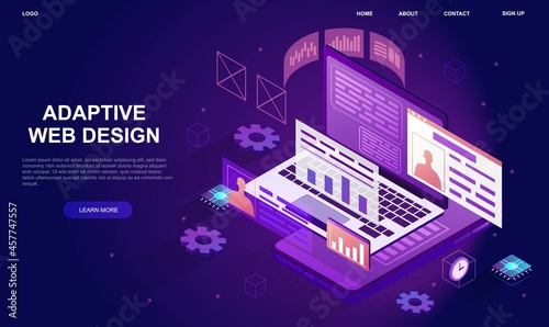 Adaptive interface design. Platform for app creators. Place for development of technological projects. User software, API prototyping. Cartoon flat vector illustration isolated on violet background