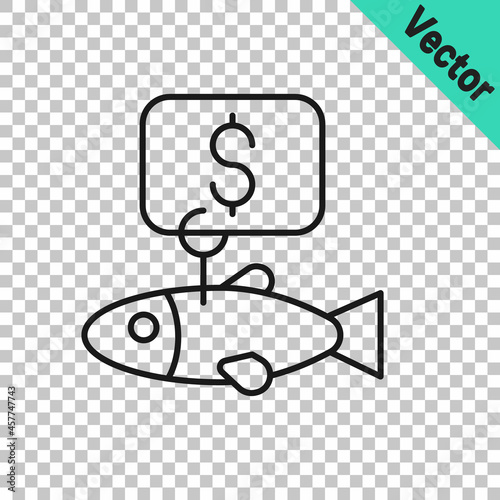 Black line Price tag for fish icon isolated on transparent background. Vector