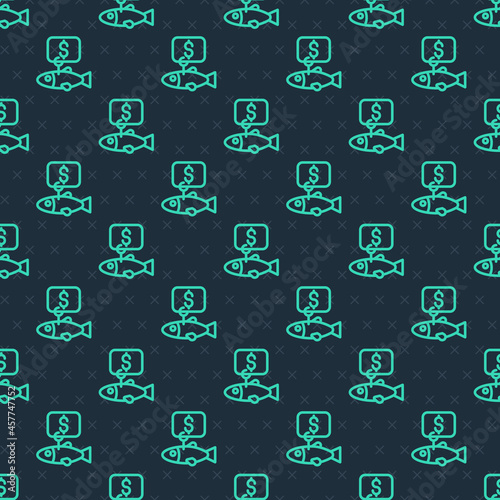 Green line Price tag for fish icon isolated seamless pattern on blue background. Vector