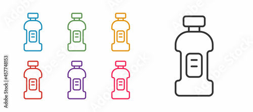 Set line Plastic bottle for laundry detergent, bleach, dishwashing liquid or another cleaning agent icon isolated on white background. Set icons colorful. Vector