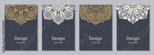 Set of four color cards or flyers with ethnic mandala ornament. Abstract mandala design. Decorative pattern with ornate texture, tribal ethnic oriental motif. Beige, brown color. Vector layout design.