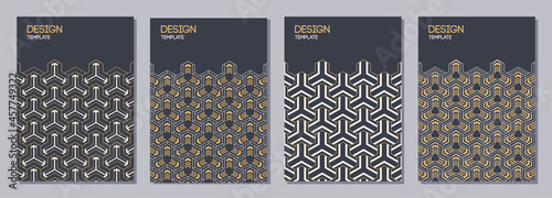 Set of flyers, posters, banners, placards, brochure design templates A6 size with korean, japanese ornaments. Graphic design for greeting, invitation cards. Vector golden color backgrounds.
