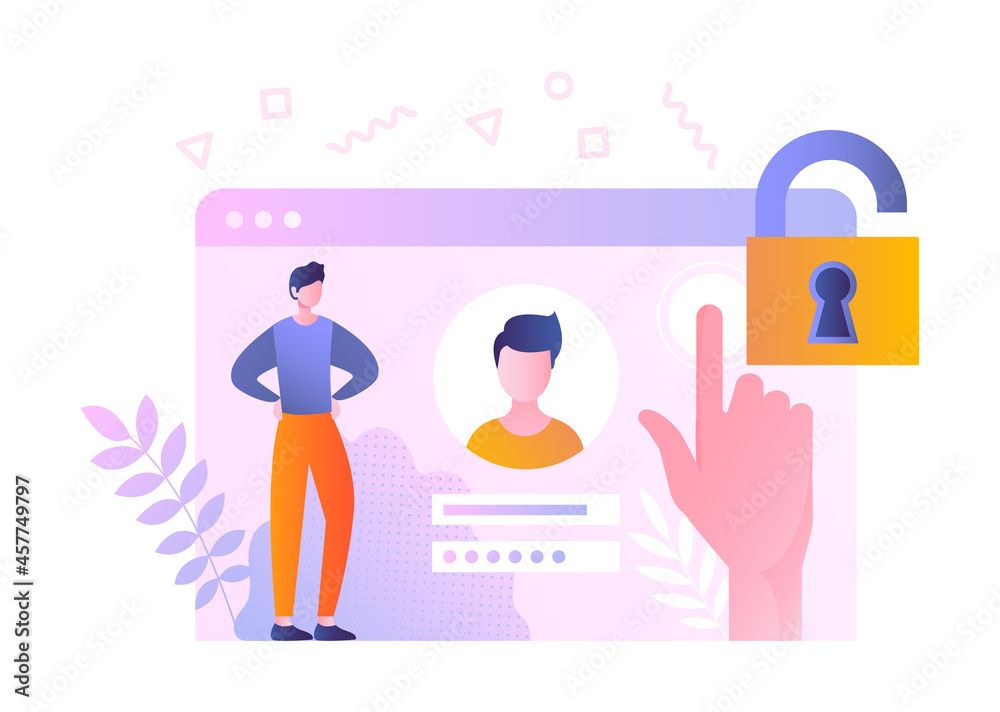 Screen with login or registration data concept. Man enters password and ...