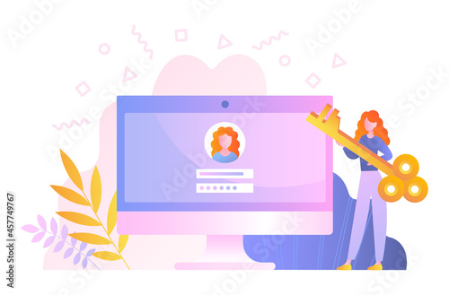 Online registration or login. Woman holds key in her hands and enters password to log in her personal account. Computer screen with data. Cartoon flat vector illustration isolated on white background