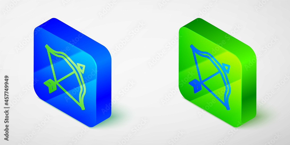 Isometric line Medieval bow and arrow icon isolated grey background. Medieval weapon. Blue and green square button. Vector Isometric line Medieval bow and arrow icon isolated grey background. Medieval weapon. Blue and green square button. Vector