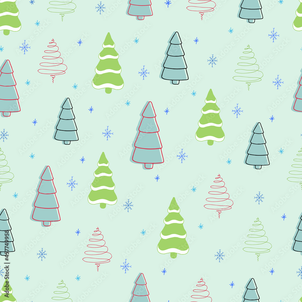 Seamless Christmas pattern: Christmas trees and snowflakes. Winter forest. Vector Christmas image in the style of a doodle.