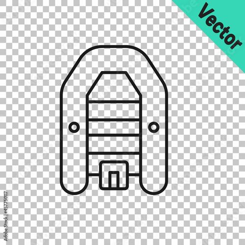 Black line Inflatable boat with outboard motor icon isolated on transparent background. Vector