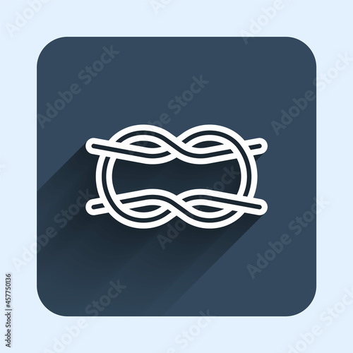 White line Nautical rope knots icon isolated with long shadow background. Rope tied in a knot. Blue square button. Vector
