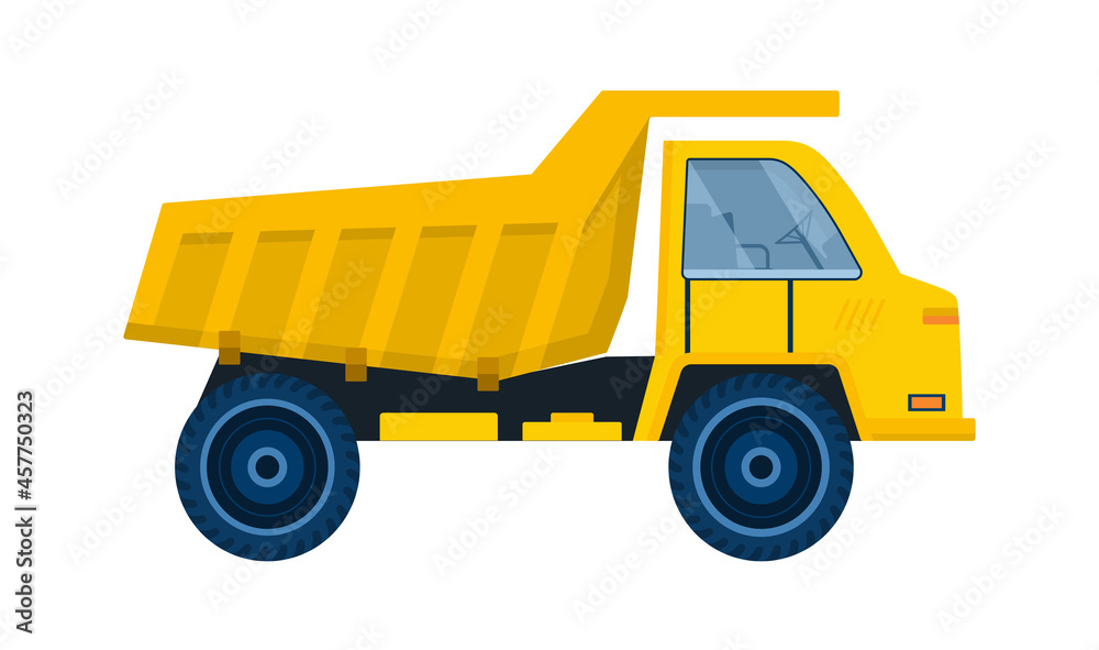 Truck for transportation of construction goods. Mechanism with large capacity for delivery of bricks. Design element for sticker and icon. Cartoon flat vector illustration isolated on white background Truck for transportation of construction goods. Mechanism with large capacity for delivery of bricks. Design element for sticker and icon. Cartoon flat vector illustration isolated on white background